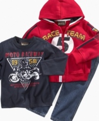Slick style. He'll be ready to roll when he's wearing this cute and cozy hoodie, tee and jeans set from Nannette. Slick style. He'll be ready to roll when he's wearing this cute and cozy hoodie, tee and jeans set from Nannette.
