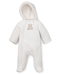 Wrap your little lamb in luxury. This quilted velour pram makes braving the cold an impossibly cute affair. It's adorned with an embroidered bear and faux fleece trim. Wrap your little lamb in luxury. This quilted velour pram makes braving the cold an impossibly cute affair. It's adorned with an embroidered bear and faux fleece trim.