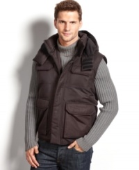 Outerwear gets adventurous with this water-resistant, hooded vest from Weatherproof. Outerwear gets adventurous with this water-resistant, hooded vest from Weatherproof.