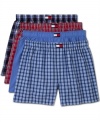 An all-American basic, the all-cotton boxer short, here from Tommy Hilfiger in a four-pack wardrobe of red, white, and blue wovens.