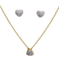 White CZ Heart Two Tone 18k Yellow Gold Plated Sterling Silver Kids Baby Stud Pierced Matching Earrings and Necklace Pendant Set