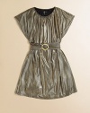 Crafted in a shiny metallic fabric, this eye-catching frock is party-ready with frilly flutter sleeves and a belted waist.ScoopneckFlutter sleevesPullover stylingBelted waistbandPolyester/SpandexMachine washImported Please note: Number of buttons may vary depending on size ordered. 