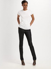 Glossy coated cotton adds a modern look to this slim fit style.THE FITSlim fit Medium rise, about 8 Inseam, about 34THE DETAILSZip fly with button closure Five pocket style 64% cotton/32% polyester/4% lycra Machine wash Made in the USA Additional Information Women's Premier Designer & Contemporary Size Guide Glossy coated cotton adds a modern look to this slim fit style.THE FITSlim fit Medium rise, about 8 Inseam, about 34THE DETAILSZip fly with button closure Five pocket style 64% cotton/32% polyester/4% lycra Machine wash Made in the USA Additional Information Women's Premier Designer & Contemporary Size Guide