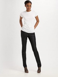 Glossy coated cotton adds a modern look to this slim fit style.THE FITSlim fit Medium rise, about 8 Inseam, about 34THE DETAILSZip fly with button closure Five pocket style 64% cotton/32% polyester/4% lycra Machine wash Made in the USA Additional Information Women's Premier Designer & Contemporary Size Guide 