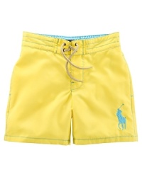 An embroidered Big Pony gives a heritage look to a brightly hued swim trunk in soft, lightweight woven cotton. An embroidered Big Pony gives a heritage look to a brightly hued swim trunk in soft, lightweight woven cotton.
