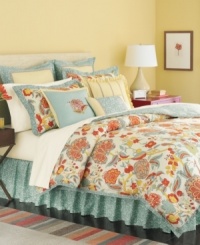The Elizabetha comforter set from Martha Stewart Collection offers an exotic look for the bedroom, featuring a striking floral pattern in a vibrant palette of yellow, orange, red and blue. Bedskirt, shams and European shams complete the look with coordinating colors and patterns. The Elizabetha comforter set from Martha Stewart Collection offers an exotic look for the bedroom, featuring a striking floral pattern in a vibrant palette of yellow, orange, red and blue. Bedskirt, shams and European shams complete the look with coordinating colors and patterns.