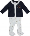 Ralph Lauren Layette 3 Piece Rugby Bear Print Knit Set (6 Month, Frech Navy)