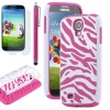 JKase(TM) Dual Layer Zebra Design Combo Hard Soft High Impact Case Skin Gel for For Samsung Galaxy S4 IV i9500 with Screen Protector and Stylus - Retail Packaging (Hot Pink)