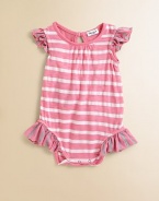 Fancy flutter sleeves and darling ruffles lend this cozy, striped one-piece a romantic touch.Round necklineShort flutter sleevesBack keyhole buttonBottom snaps42% polyester/29% supima cotton/29% modalMachine washImported Please note: Number of buttons and snaps may vary depending on size ordered. 