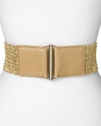 Cole Haan combines smooth leather and straw for a tropical-inspired study in texture. In a waist-contouring width, this belt gives billowy summer staples instant shape.