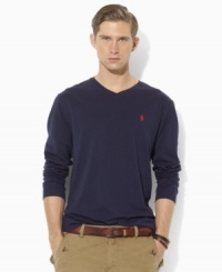 A modern-fitting T-shirt is crafted from soft, smooth combed cotton jersey with long sleeves and a V-neckline for classic style. Ribbed V-neckline. A modern-fitting T-shirt is crafted from soft, smooth combed cotton jersey with long sleeves and a V-neckline for classic style. Ribbed V-neckline.