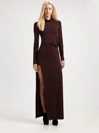 Fluid crepe jersey, tailored in a floor-length silhouette with a dramatically high side slit.TurtleneckLong sleevesBodice drapeSide slit with inset at topAbout 45 from natural waistAcetate/polyamide/elastaneDry cleanImportedModel shown is 5'10 (177cm) wearing US size 4. Fluid crepe jersey, tailored in a floor-length silhouette with a dramatically high side slit.TurtleneckLong sleevesBodice drapeSide slit with inset at topAbout 45 from natural waistAcetate/polyamide/elastaneDry cleanImportedModel shown is 5'10 (177cm) wearing US size 4.