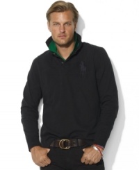 A signature custom-fitting rugby sticks to the classics with quilted patches at the shoulders and elbows and Ralph Lauren's embroidered Big Pony in a tonal shade at the left chest. A signature custom-fitting rugby sticks to the classics with quilted patches at the shoulders and elbows and Ralph Lauren's embroidered Big Pony in a tonal shade at the left chest.