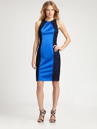 Vibrantly-hued satin, tailored in a chic body-skimming silhouette and trimmed with wide bands of romantic lace.Jewel necklineSleevelessLace trimConcealed back zipFully linedAbout 23 from natural waist63% acetate/35% nylon/2% spandexDry cleanMade in USA of imported fabricModel shown is 5'11½ (181cm) wearing US size 4. Vibrantly-hued satin, tailored in a chic body-skimming silhouette and trimmed with wide bands of romantic lace.Jewel necklineSleevelessLace trimConcealed back zipFully linedAbout 23 from natural waist63% acetate/35% nylon/2% spandexDry cleanMade in USA of imported fabricModel shown is 5'11½ (181cm) wearing US size 4.