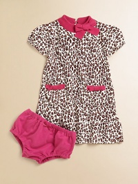 Here's the spot for a wild and fun animal print in a soft, sweater-y knit with bright contrast trim.Contrast ribbed crew neckline with bowShort sleeves with elasticized cuffsKeyhole button back closeFront patch pockets with contrast bow trimA-line shapeRuffled hemCoordinating bloomers with elasticized waist and leg openingsRamie/cottonMachine washImported Here's the spot for a wild and fun animal print in a soft, sweater-y knit with bright contrast trim.Contrast ribbed crew neckline with bowShort sleeves with elasticized cuffsKeyhole button back closeFront patch pockets with contrast bow trimA-line shapeRuffled hemCoordinating bloomers with elasticized waist and leg openingsRamie/cottonMachine washImported