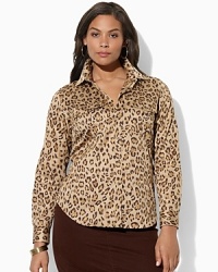 A bold animal print and a smart tailored fit lend feminine elegance to the classic menswear work shirt. A bold animal print and a smart tailored fit lend feminine elegance to the classic menswear work shirt.