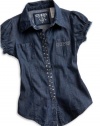 GUESS Kids Girls Big Girl Woven Top with Mixed Rivets, DARK DENIM RINSE (7/8)