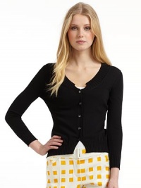 THE LOOKRound ribbed necklineFront button closure with clear bead buttonsLong sleeves with tapered, ribbed, elastic cuffsTapered, ribbed, elastic hem THE FITAbout 20 from shoulder to hemTHE MATERIAL80% viscose/20% polyamideCARE & ORIGINDry cleanImportedModel shown is 5'10 (177cm) wearing US size 4. THE LOOKRound ribbed necklineFront button closure with clear bead buttonsLong sleeves with tapered, ribbed, elastic cuffsTapered, ribbed, elastic hem THE FITAbout 20 from shoulder to hemTHE MATERIAL80% viscose/20% polyamideCARE & ORIGINDry cleanImportedModel shown is 5'10 (177cm) wearing US size 4.