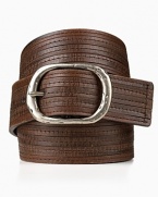 This detailed John Varvatos belt boasts stitched strips of luxe leather and a bright round buckle for a dapper off-hours look.