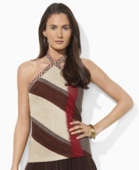 Lauren by Ralph Lauren'a modern halter silhouette is rooted in heritage inspiration, finished with faux-suede trim at the neckline. Lauren by Ralph Lauren'a modern halter silhouette is rooted in heritage inspiration, finished with faux-suede trim at the neckline.