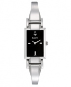 Accessorize with your flair for the dramatic. Elegant watch by Bulova crafted of stainless steel bangle bracelet and rectangular case. Black dial features applied silver tone stick indices at three, six and nine o'clock, logo at twelve o'clock and two hands. Quartz movement. Water resistant to 30 meters. Three-year limited warranty.