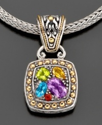 Find strength in numbers. A multitude of colorful gemstones sit pretty in a cushion-shaped pendant crafted in 18k gold and sterling silver from Balissima by Effy Collection. Featuring amethyst (3/4 ct. t.w.), blue topaz (1/3 ct. t.w.), citrine (1/5 ct. t.w.), peridot (1/3 ct. t.w.) and garnet accents. Approximate length: 16 inches. Approximate drop: 1-1/4 inches.