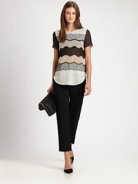 A delightful multimedia statement, this simply shaped pieced top combines wavy bands of heathery jersey, subtly patterned sheer silk and pretty lace for a style of relaxed drama.Round banded necklineShort sheer sleevesContour hemSheer backAbout 30 from shoulder to hemCotton/modal jersey; silk chiffon; nylon laceDry cleanImported of imported and Italian fabricSIZE & FITModel shown is 5'10 (177cm) wearing US size 4. A delightful multimedia statement, this simply shaped pieced top combines wavy bands of heathery jersey, subtly patterned sheer silk and pretty lace for a style of relaxed drama.Round banded necklineShort sheer sleevesContour hemSheer backAbout 30 from shoulder to hemCotton/modal jersey; silk chiffon; nylon laceDry cleanImported of imported and Italian fabricSIZE & FITModel shown is 5'10 (177cm) wearing US size 4.