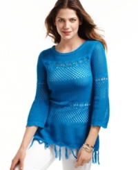 This summery sweater by Joseph A offers tons of texture thanks to mixed stitches and fringe at the hem. Pair it with slim white jeans for an of-the-moment look. This summery sweater by Joseph A offers tons of texture thanks to mixed stitches and fringe at the hem. Pair it with slim white jeans for an of-the-moment look.