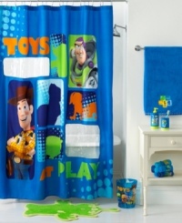 To bath time and beyond! This peek-a-boo shower curtain stars Buzz, Woody and silhouettes of your favorite Disney Toy Story characters. Featuring easy-care polyester microfiber with two clear vinyl cut-outs. To bath time and beyond! This peek-a-boo shower curtain stars Buzz, Woody and silhouettes of your favorite Disney Toy Story characters. Featuring easy-care polyester microfiber with two clear vinyl cut-outs.