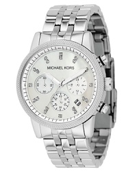MICHAEL Michael Kors chronograph bracelet watch in stainless steel. Clear stone bezel. White dial with clear crystal accents. Date display and second hand. Water resistant to 100 meters. MICHAEL Michael Kors chronograph bracelet watch in stainless steel. Clear stone bezel. White dial with clear crystal accents. Date display and second hand. Water resistant to 100 meters.