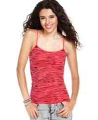 Tank gone wild! Designed in a print of awesome zebra stripes, this top from Say What? is a fierce companion to your trusty skinny jeans! Tank gone wild! Designed in a print of awesome zebra stripes, this top from Say What? is a fierce companion to your trusty skinny jeans!