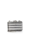 THE LOOKRemovable shoulder chainSmall rectangular boxTwo-tone crystals in a zigzag patternCrystal-accented sliding lock closureInside logo detailTHE MEASUREMENTShoulder chain, 9 drop5W X 3½H X 1¾DTHE MATERIALCrystalsMetal boxMetallic nappa liningORIGINMade in Italy