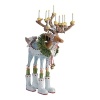 The fearless leader of the Dash Away Reindeer collection by Patience Brewster, Dasher is dressed in bells and blue, a frosty evergreen wreath and brightly lit candles on his antlers.
