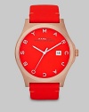 This warm and bold style features a brushed case and supple leather strap. Quartz movementWater resistant to 5 ATMRound rose goldtone brushed stainless steel case, 43mm (1.7)Brushed bezelCoral dialLogo hour markersDate display at 3 o'clockSecond hand Semi-shiny coral colored leather strapImported 