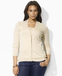 Lauren by Ralph Lauren's essential plus size cardigan is finished with chic chiffon trim at the placket for modern femininity. (Clearance) Lauren by Ralph Lauren's essential plus size cardigan is finished with chic chiffon trim at the placket for modern femininity. (Clearance)