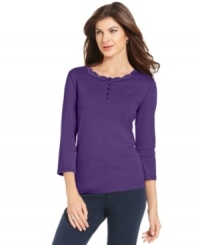 Jones New York Signature's henley top is an everyday essential. Lace trim at the neckline gives it a feminine touch, too! (Clearance) Jones New York Signature's henley top is an everyday essential. Lace trim at the neckline gives it a feminine touch, too! (Clearance)