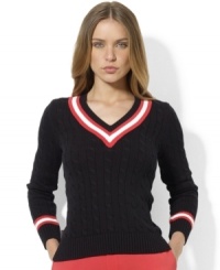 Lauren Ralph Lauren's classic cricket sweater makes a sporty statement in cable-knit cotton with contrast stripes at the neckline and cuffs. Lauren Ralph Lauren's classic cricket sweater makes a sporty statement in cable-knit cotton with contrast stripes at the neckline and cuffs.