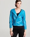 Go biker chic in this Rebecca Minkoff leather jacket in a bold blue hue. The epaulets and gold hardware add the designer's unmistakable, signature touch.