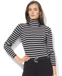 Knit for a feminine fit in soft ribbed cotton, Lauren Ralph Lauren's versatile ribbed turtleneck is a chic seasonal essential. Knit for a feminine fit in soft ribbed cotton, Lauren Ralph Lauren's versatile ribbed turtleneck is a chic seasonal essential.
