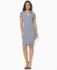Chic rope accents and bold variegated stripes lend sophisticated nautical style to Lauren Jeans Co.'s hooded dress, constructed in ultra-soft cotton jersey for stylish comfort and versatility. Chic rope accents and bold variegated stripes lend sophisticated nautical style to Lauren Jeans Co.'s hooded dress, constructed in ultra-soft cotton jersey for stylish comfort and versatility.
