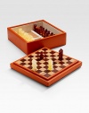 Become the king or queen of any party with a chess set handsomely crafted in leather-upholstered wood with an interlaced leather board. Set includes plastic chessmen and two blocknotes. From the Bugrane Collection 11¼W X 4½H X 11¼D Made in Italy