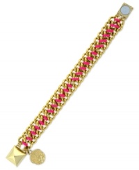 Wrap your wrists in colorful chic. Vince Camuto's chain bracelet flaunts a bright pink cord intertwined in the links. Finished with a pyramid stud magnetic closure. Crafted in gold tone mixed metal. Approximate length: 8 inches. Wrap your wrists in colorful chic. Vince Camuto's chain bracelet flaunts a bright pink cord intertwined in the links. Finished with a pyramid stud magnetic closure. Crafted in gold tone mixed metal. Approximate length: 8 inches.