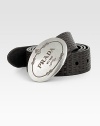 Textured woven design with engraved logo shield buckle. About 1½ wide Made in Italy