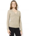 A chic open-knit construction and glistening metallic yarns lend feminine appeal to Lauren Ralph Lauren's classic V-neck sweater.