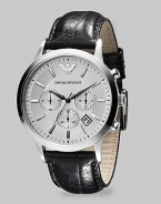 A slim, stainless steel timepiece crafted with chronograph functionality on a croco-textured leather strap. Quartz movement Water-resistant to 5ATM /50m Stainless steel case, 43mm, 1.69 Croco leather band, 23mm wide, .90 Sapphire crystal Cream dial Hour markers Date display Imported 