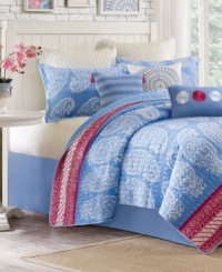 This Echo Woodblock Paisley coverlet features a soft indigo blue background with rows of large, white paisleys and is finished with a vibrant hot pink & white border. The tonal quilt stitch provides added dimension and extra comfort. This Echo Woodblock Paisley coverlet features a soft indigo blue background with rows of large, white paisleys and is finished with a vibrant hot pink & white border. The tonal quilt stitch provides added dimension and extra comfort.