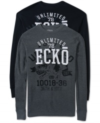 A bold logo graphic gives this Ecko Unltd thermal its edgy style. A bold logo graphic gives this Ecko Unltd thermal its edgy style.