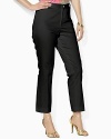 A sleek straight leg career pant is rendered in stretch sateen twill and finished without pockets for a lean silhouette.