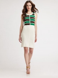 Bold geometric pattern complements a slim, solid skirt in this dreamy silk/cotton knit sheath.Banded scoop necklineSleevelessFitted from bodice to hemExposed back zipperAbout 23 from natural waist80% cotton/20% silkDry cleanImportedModel shown is 5'9½ (176cm) wearing US size Small. Bold geometric pattern complements a slim, solid skirt in this dreamy silk/cotton knit sheath.Banded scoop necklineSleevelessFitted from bodice to hemExposed back zipperAbout 23 from natural waist80% cotton/20% silkDry cleanImportedModel shown is 5'9½ (176cm) wearing US size Small.
