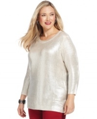 It's your time to shine in Jones New York Signature's three-quarter-sleeve plus size sweater, featuring a metallic finish. It's your time to shine in Jones New York Signature's three-quarter-sleeve plus size sweater, featuring a metallic finish.